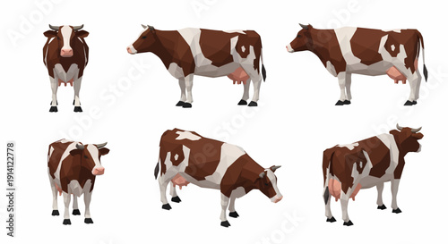 Six low poly brown and white cows in various poses on a white background.