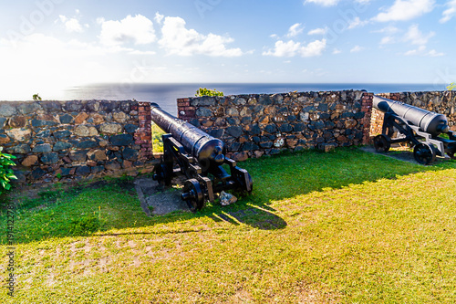 A view out to sea in Fort King George above Scarborough, Tobago on a bright morning in January
