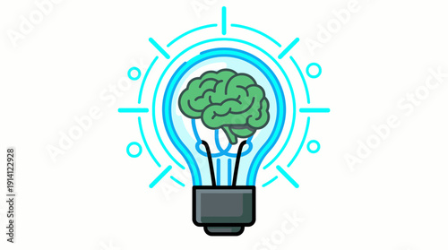 Illustration of a green human brain inside a glowing blue light bulb on white background, concept for creative brainstorming session, innovative business strategy and smart mental growth