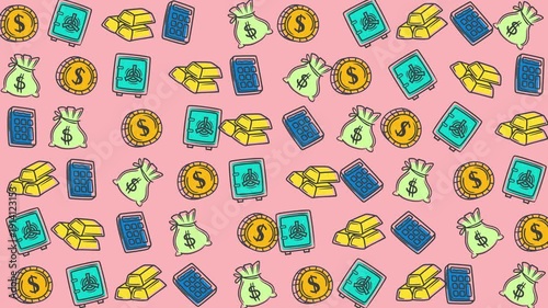 Gold bars, coins, bags, and safes on a pink background. Great for financial concepts, banking, investments, wealth management, and security.