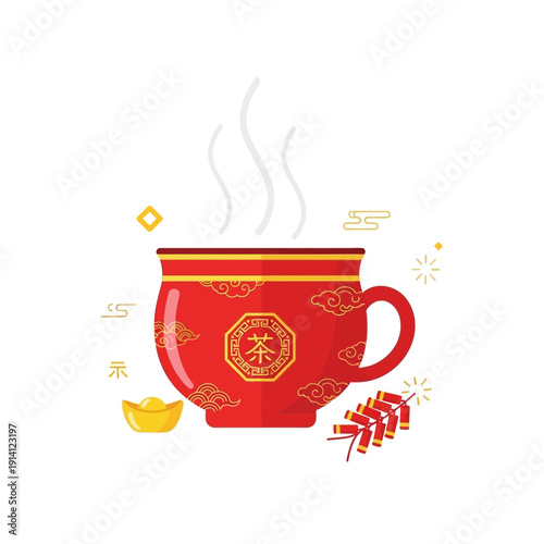 Red Chinese tea cup with steam decorated with firecrackers and gold ingot on white background, concept for Lunar New Year celebration, cultural greeting and festival beverage promotion