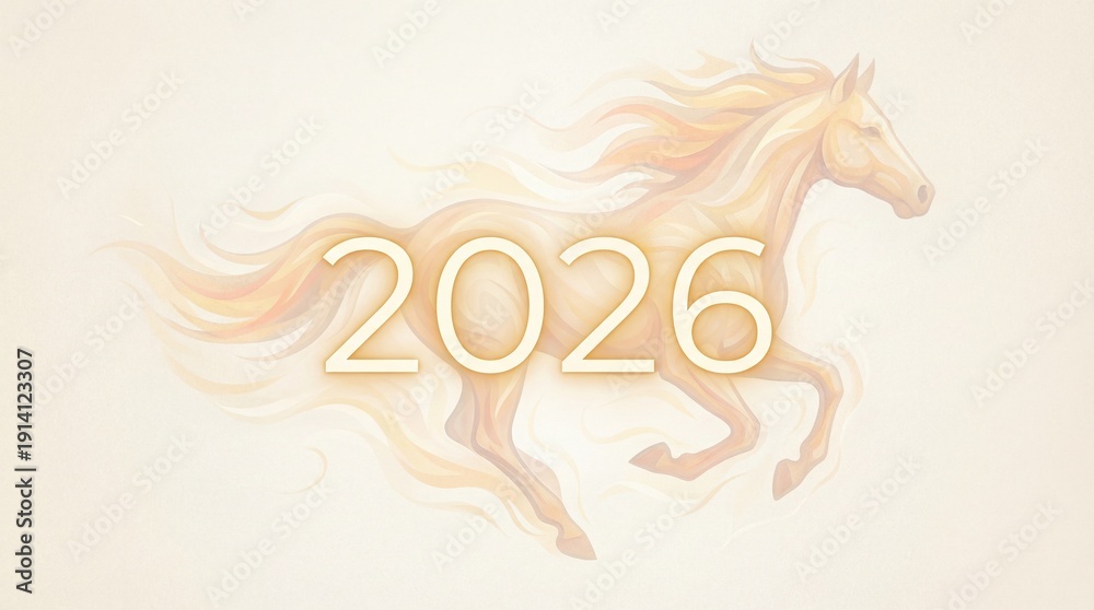 Fototapeta premium Elegant Golden Horse Illustration with Flowing Mane and 2026 Text