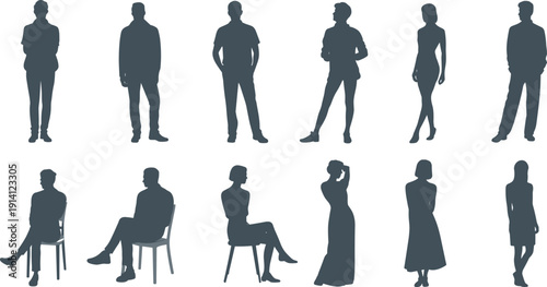 People silhouettes set, men and women standing and sitting in elegant poses, lifestyle collection isolated on white