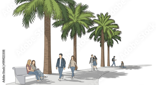 Urban park palm trees walkway illustration, people walking sitting relaxing outdoors, city lifestyle nature concept isolated on white background