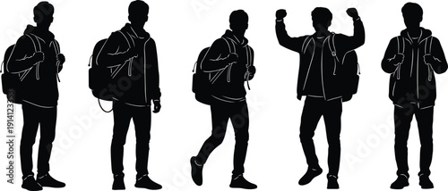 Young man backpack silhouette collection, casual urban student lifestyle concept, modern youth character poses, black isolated vector illustration