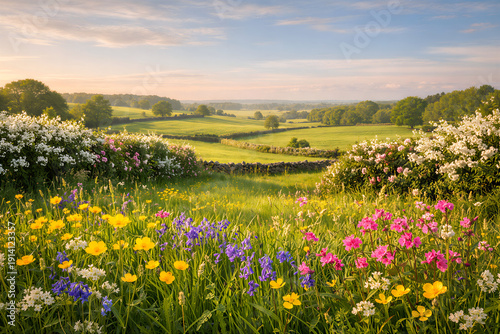 Blooming Wildflower Meadow Overlooking Rolling Green Countryside at Sunrise