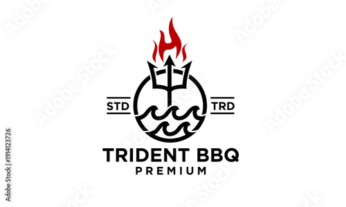 Trident BBQ Premium Logo with Fire, Waves, and Classic Emblem Design