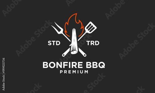 Bonfire BBQ Premium Logo Design with Crossed Grilling Fork, Spatula, and Stylized Fire Flame
