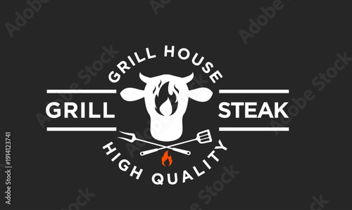 Grill House Steak Restaurant Logo with Cow Head, Flame, and BBQ Tools