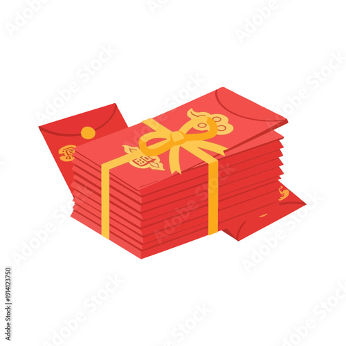 Stack of Chinese red envelopes angpao tied with yellow ribbon on white background, concept for lunar new year celebration, traditional wealth gift and oriental festive promotion