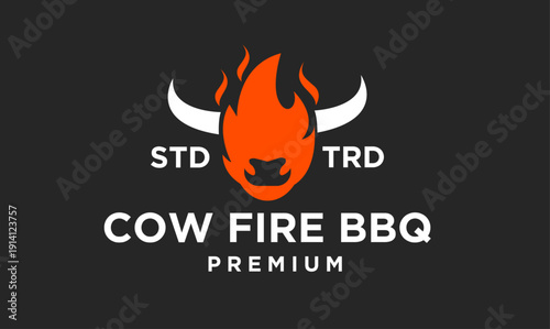 Cow Fire BBQ Premium Logo, modern restaurant branding with stylized bull head, fire, and horns on dark background.