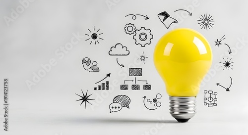 Yellow light bulb surrounded by various business and technology on a white background cloud