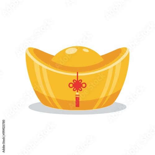 Traditional Chinese gold ingot with a red mystic knot decoration isolated on a white background, concept for Chinese New Year celebration, wealth prosperity marketing and financial promotion