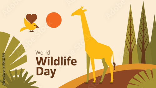 world wildlife day flat illustration with giraffe forest landscape sun bird and nature conservation concept design