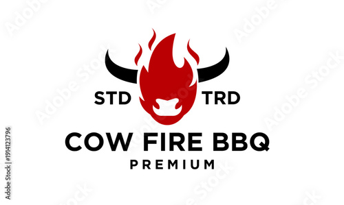 Cow Fire BBQ Logo Design with Stylized Bull Head and Flames for Restaurant Branding