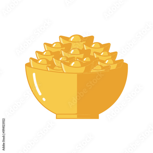 Golden bowl filled with traditional Chinese gold ingots or sycees isolated on white background, concept for Chinese New Year celebration, financial prosperity and wealth management