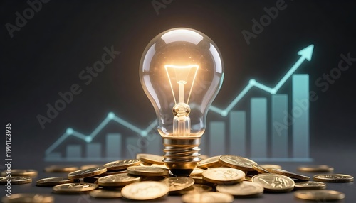 Light bulb filled with stacked coins and ascending digital graphs, glowing against dark background, symbolizing innovation-driven financial growth