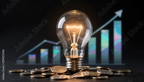 Light bulb filled with stacked coins and ascending digital graphs, glowing against dark background, symbolizing innovation-driven financial growth