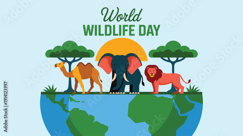 world wildlife day illustration with wild animals on globe earth conservation awareness nature protection concept design