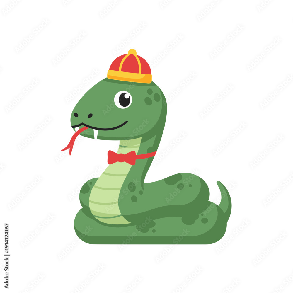 Fototapeta premium Cute green cartoon snake mascot wearing traditional red Chinese hat and red bowtie on white background, concept for Chinese New Year, lunar zodiac calendar and festive seasonal decoration