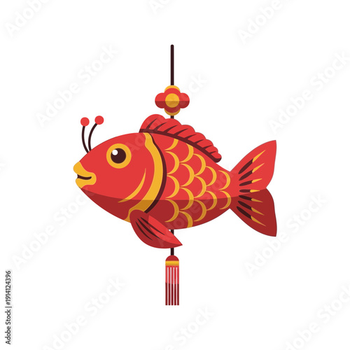 Red traditional Chinese New Year fish lantern illustration with golden scales and tassel isolated on white background, concept for lunar festival celebration, cultural decoration and prosperity