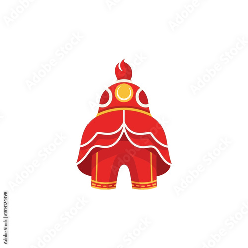 Red lion dance costume element with gold accents and intricate layering isolated on white background, concept for lunar new year celebration, asian cultural festival and festive graphic design