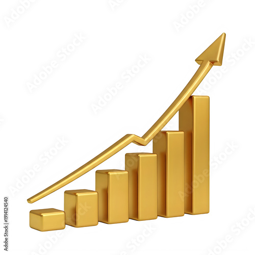 Golden upward trend arrow with bar graph isolated on transparent background