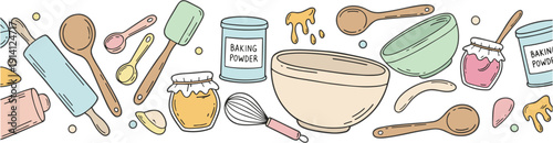 Baking border with kitchen utensils ingredients and mixing bowl cute hand drawn horizontal vector illustration banner