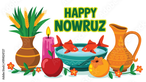happy nowruz persian new year celebration illustration with goldfish haft seen table hyacinth candles apple and traditional decor