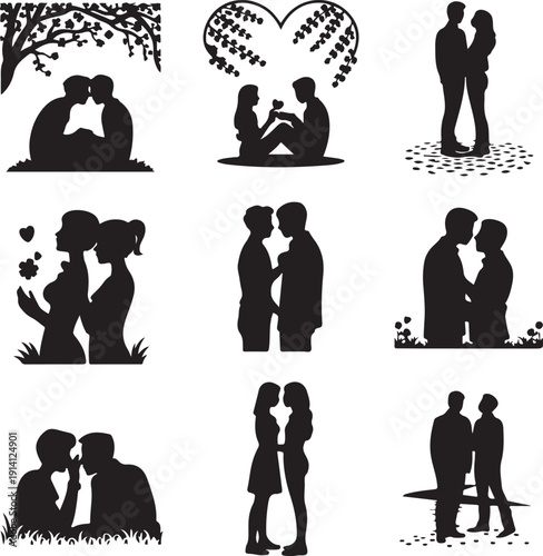 Silhouette illustrations of romantic couples in various poses and settings