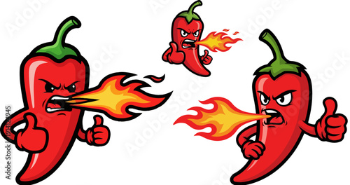 Vector illustration of a red chili pepper cartoon character breathing fire with an angry expression and giving a thumbs up, isolated on a transparent background.