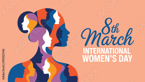 8th march international womens day illustration with colorful female silhouette profile empowering celebration background design