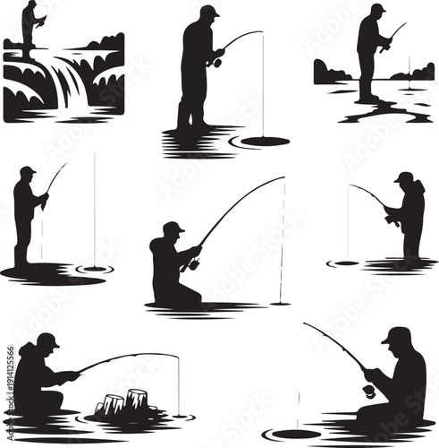 Silhouette of people fishing in various poses on riverbank and in water with fishing rods