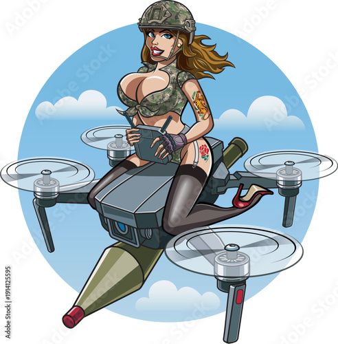 Military pinup style woman operating a fpv drone