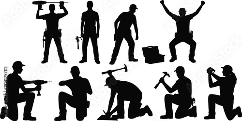 Construction worker silhouettes set, builders with tools in various poses, professional repair and renovation collection isolated background