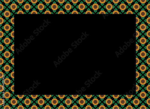 A vibrant decorative frame featuring a repeating pattern of sunflowers and green geometric shapes, enclosing a black empty space, ideal for design projects.