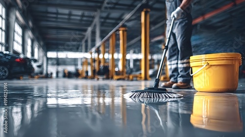 Worker performing cleaning and maintenance tasks, mopping the wet industrial floor in a large vehicle repair garage or workshop, focusing on professional hygiene and workspace upkeep