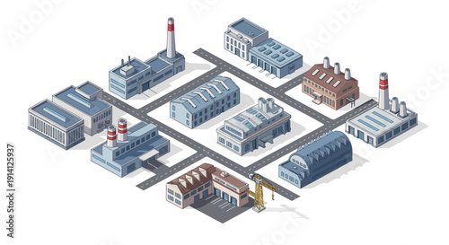 Isometric view of various industrial buildings and factories, showcasing a cityscape with manufacturing and production facilities