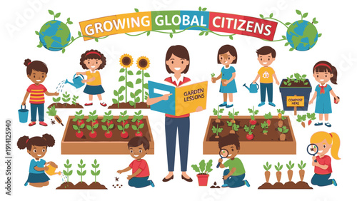Illustration of children and a teacher gardening and learning in a vibrant outdoor classroom setting with raised beds and colorful graphics.