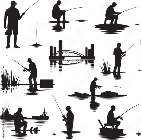 Silhouette of men fishing in various positions on river or lake isolated on white background