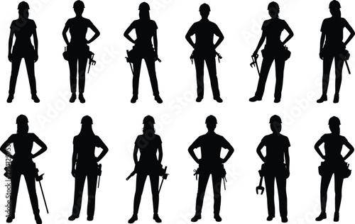 Female builder silhouettes set, women construction workers with tool belts, professional trades collection isolated on white