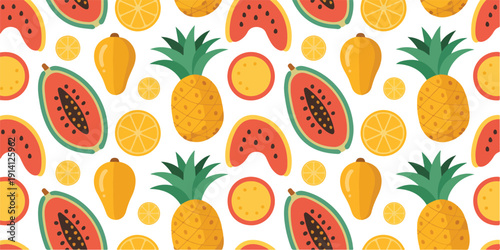 Seamless Tropical Fruit Pattern Vector  Pineapple, Citrus, Papaya and Watermelon