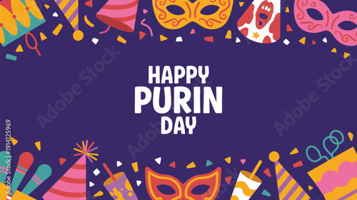 happy purim day greeting illustration with colorful carnival masks and party decorations festive jewish holiday celebration background