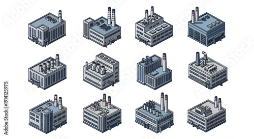 Collection of Isometric Industrial Buildings and Factory Structures Rendered in Pixel Art Style