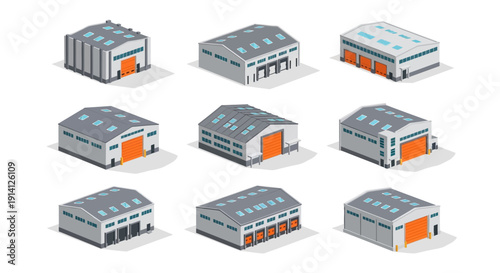 Isometric warehouses set, industrial building collection, storage facility and factory illustrations, various architectural designs for logistics and distribution
