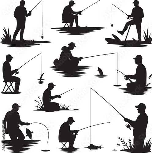 Silhouette of people fishing in various poses on water  recreational activity