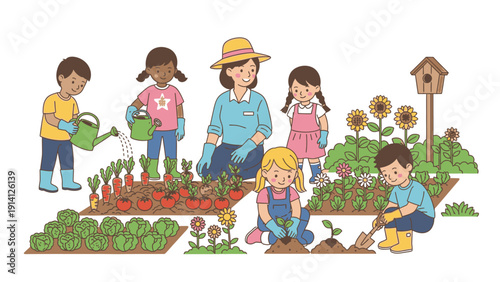A family of six gardening together in a vibrant garden with various plants and flowers on a sunny day.