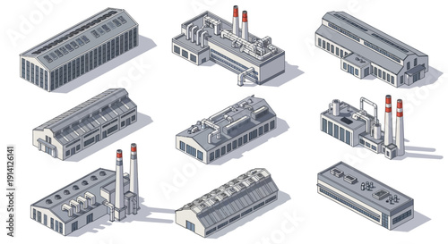 Isometric collection of industrial buildings and factories, depicting various architectural styles and structures for manufacturing and production purposes