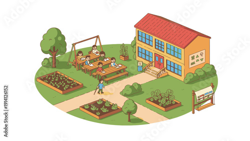 Isometric illustration of a community garden with a school building, garden beds, and people gardening on a green lawn with a playground.