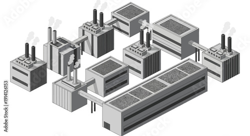 Industrial complex with multiple factory buildings and smokestacks emitting steam, showcasing manufacturing and production processes
